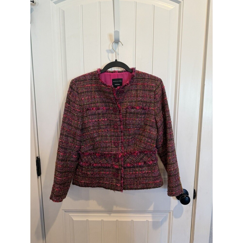 Doncaster Collection Womens 4 Pink Tweed Wool Blend Jacket Fringe Button Blazer